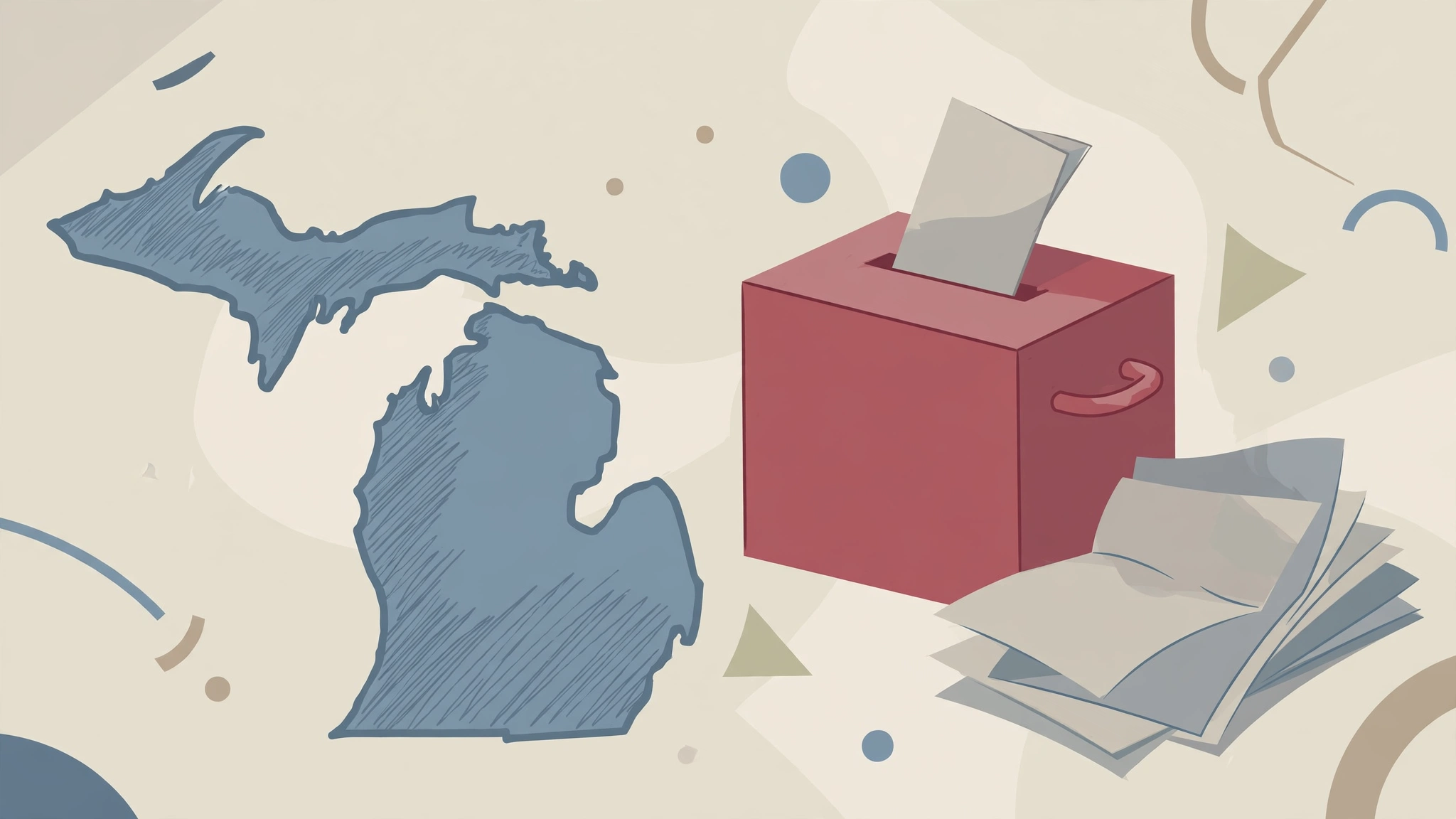 Editorial illustration of a map of Michigan beside a ballot box