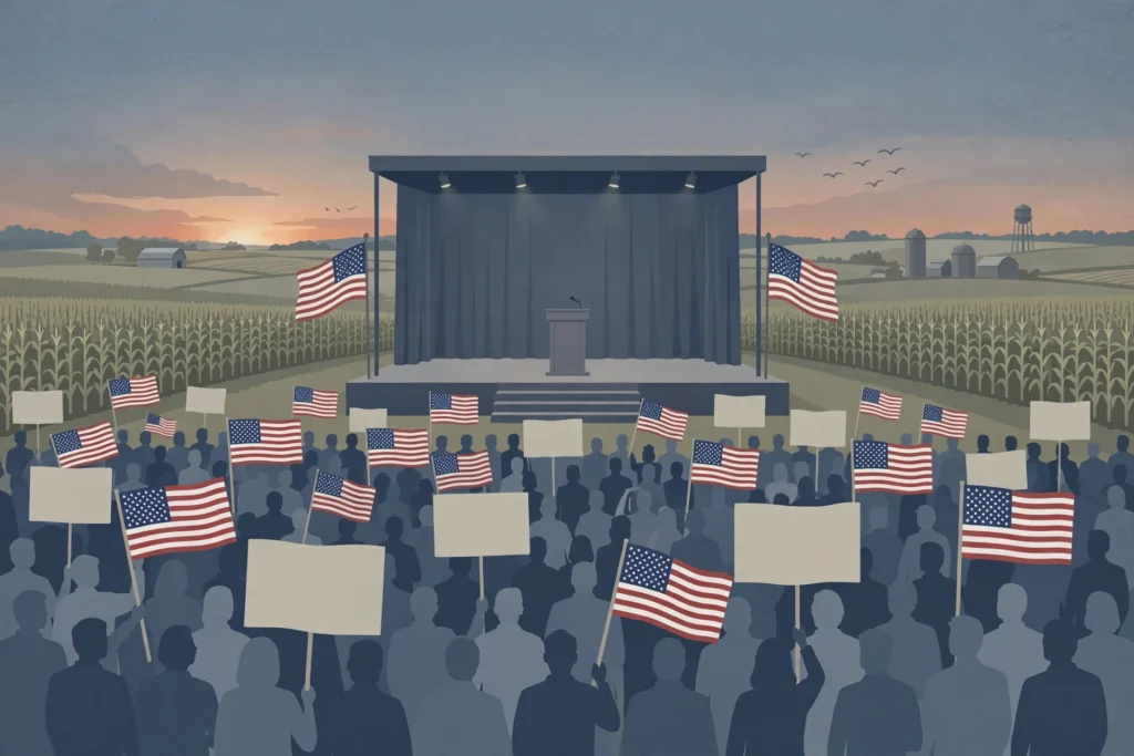 Editorial illustration of a crowded campaign rally at dusk with an empty stage and American flags