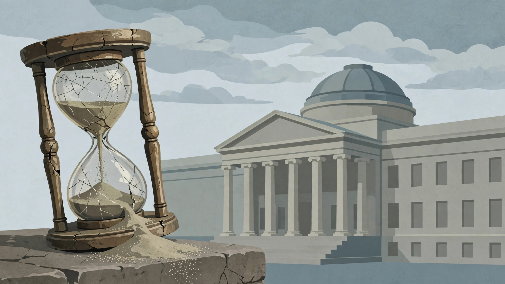 Editorial illustration of a cracked hourglass beside a columned government building