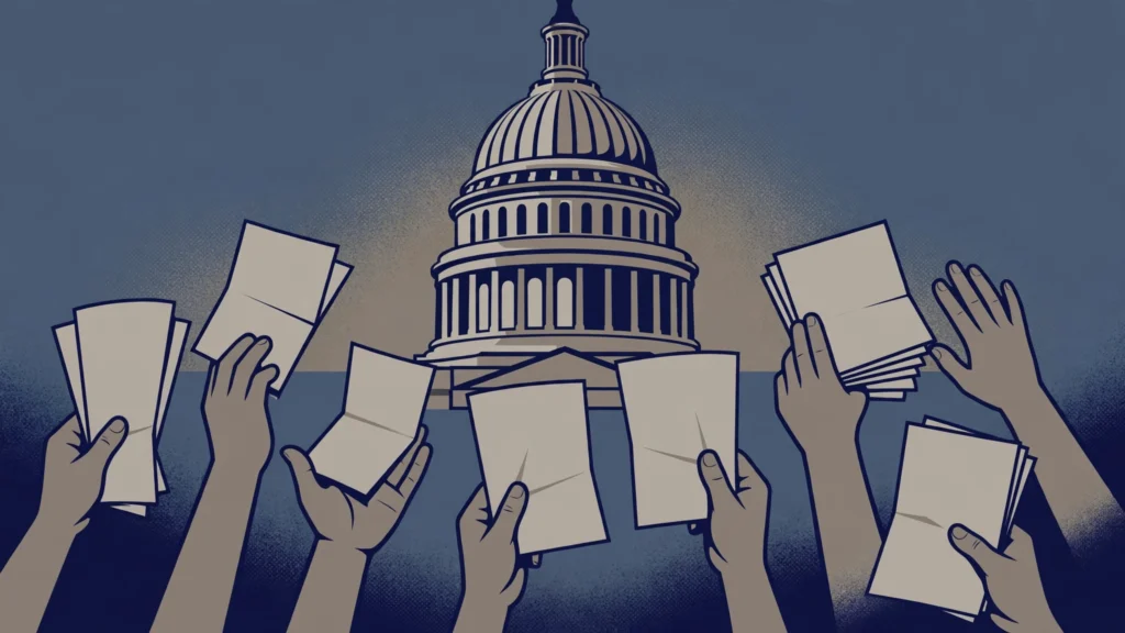 Editorial illustration of the US Capitol with raised hands holding documents