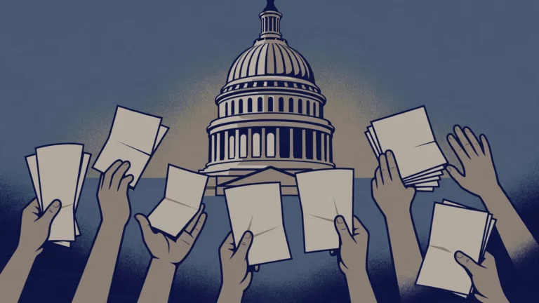 Editorial illustration of the US Capitol with raised hands holding documents