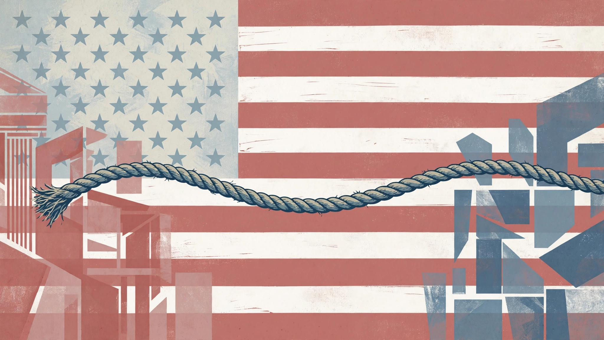 Editorial illustration of a tug-of-war rope across a stylised US flag