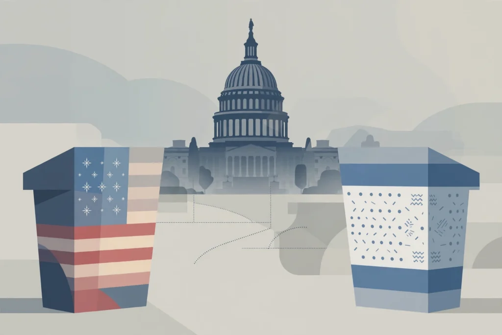 Editorial illustration of two podiums with Capitol dome