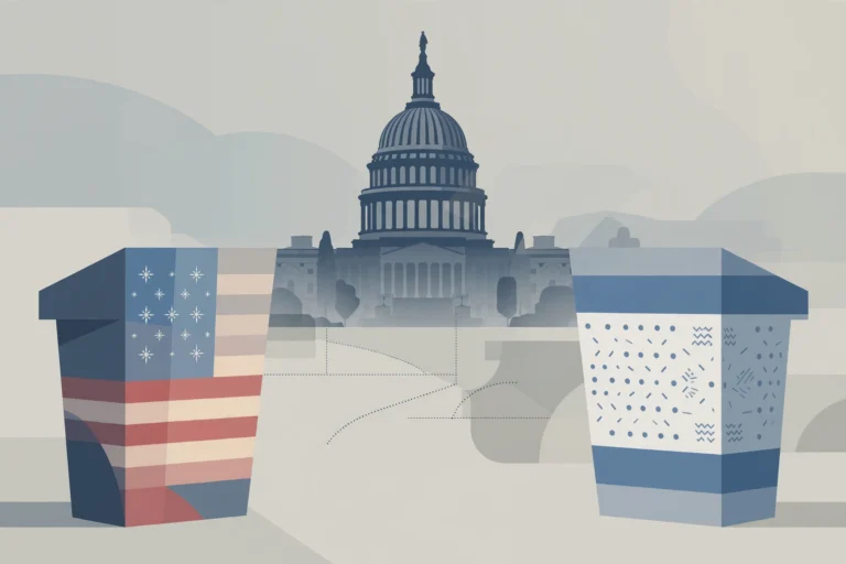Editorial illustration of two podiums with Capitol dome