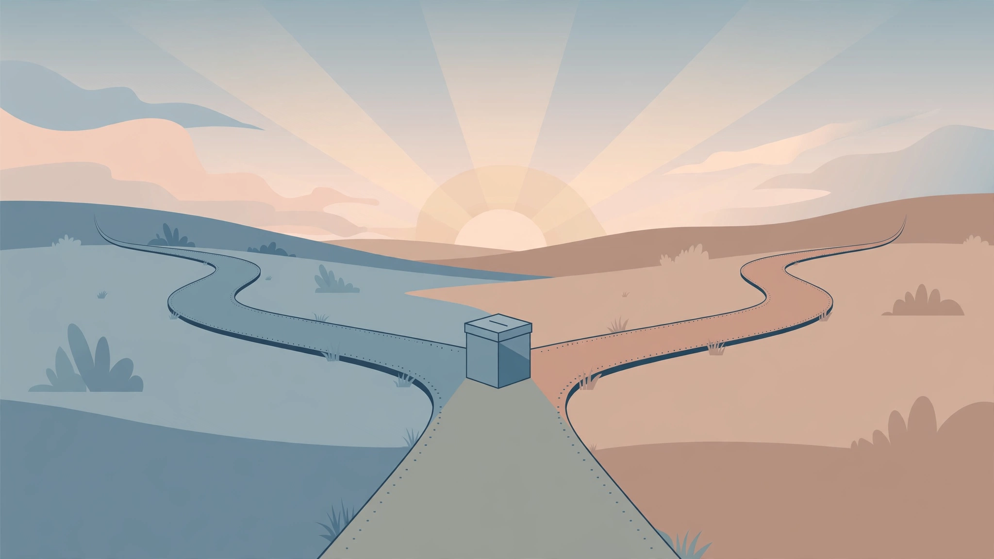 Editorial illustration of a road forking with a ballot box at the fork