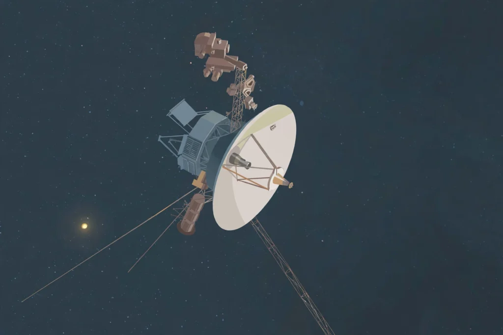 Editorial illustration of the Voyager 1 spacecraft drifting among stars