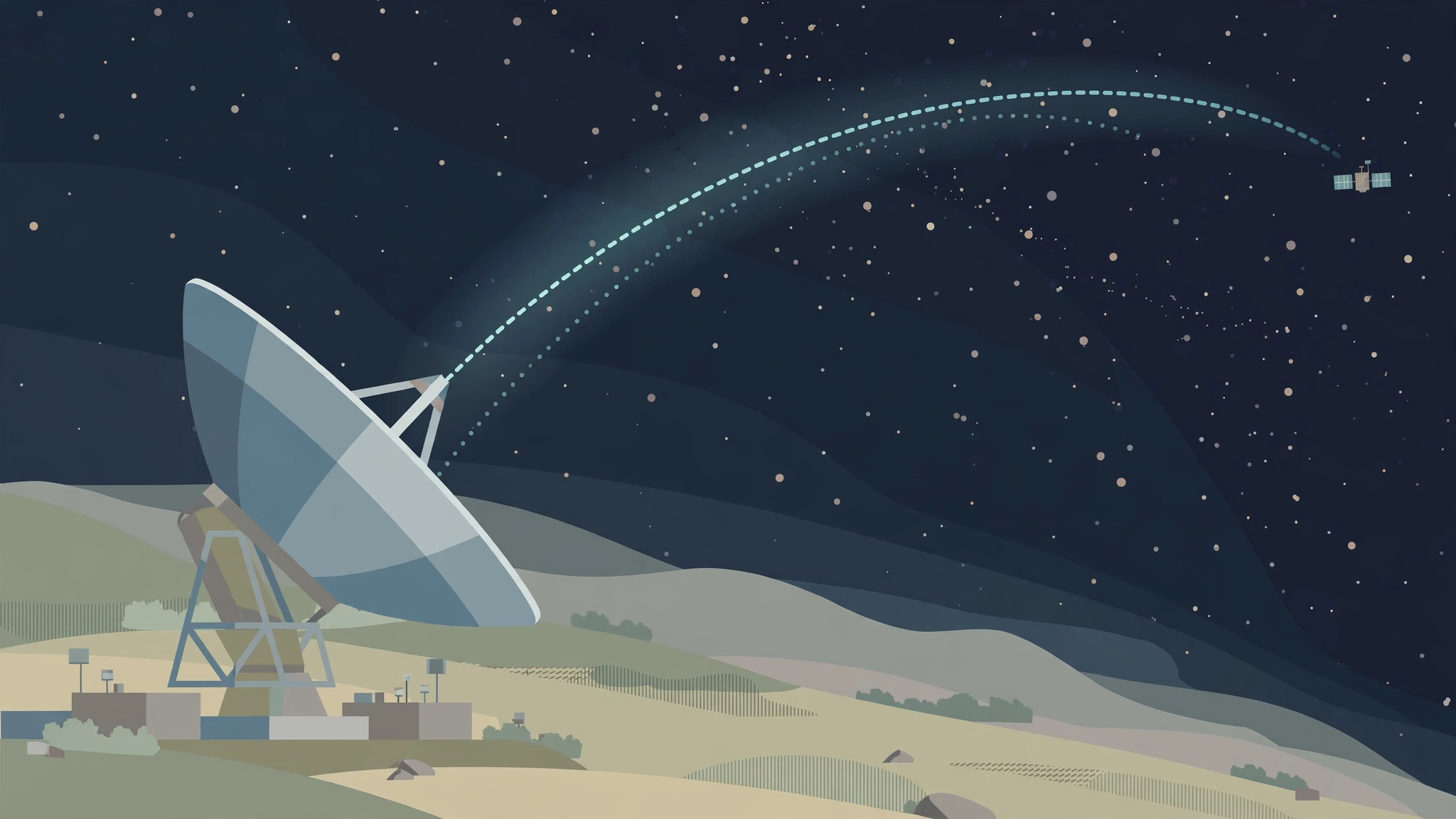 Editorial illustration of a ground radio dish beaming a signal to a distant spacecraft