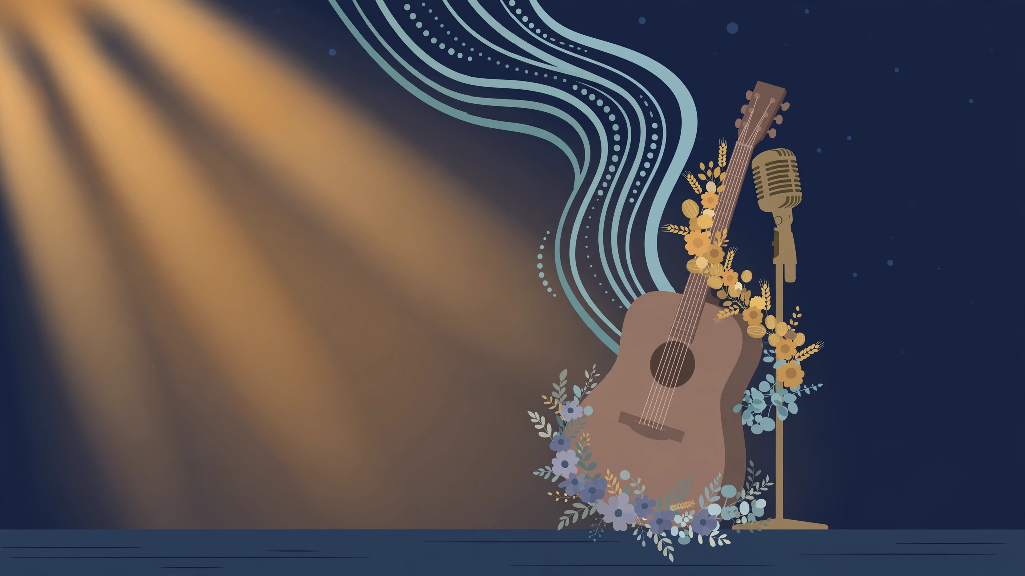 Editorial illustration of a guitar and vintage microphone draped with flowers on a concert stage